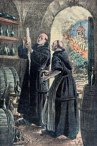 Often, the discovery of Champagne is attributed to the monk Dom Pérignon, depicted here with a bubbling bottle.