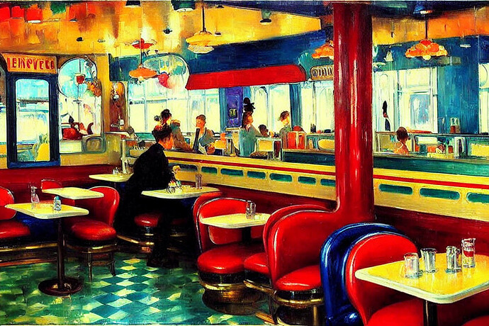 a colorful fanciful 1950s diner interior, by lenoid afremov by thomas eakins