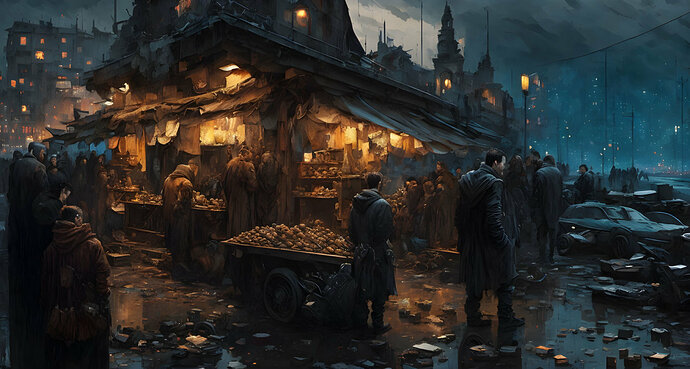 Signs of despair and hopelessness Dark rainy street market one picture wicked perspective timeless momentum eerie and oppressive oil painting by Alexander Jansson