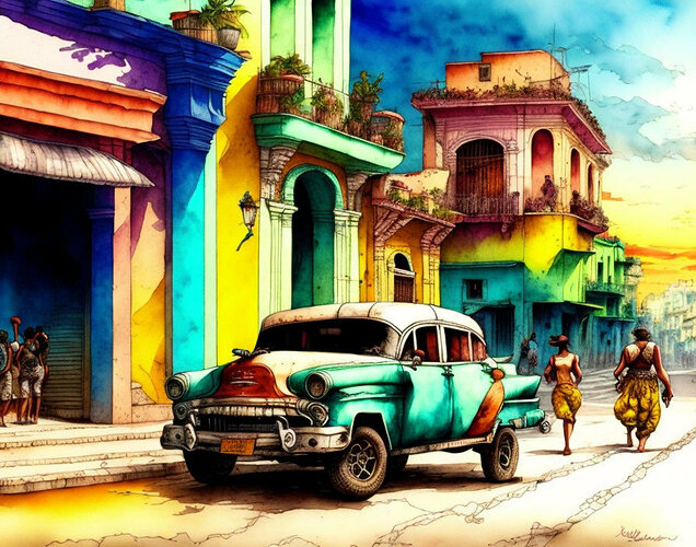 Cuba Habana  sunset in the streets Jean Baptiste Monge style watercolor ink Picturesque and colorful