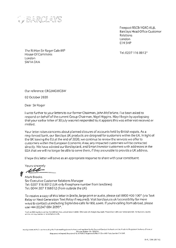 Letter from Berclays